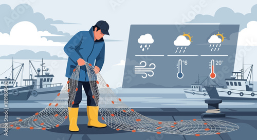 Fisherman prepares his net while weather forecasts a rainy, windy fishing trip