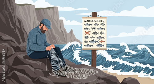 Coastal Artisan Mending Fishing Net with Marine Life Chart Backdrop Seaside Scene
