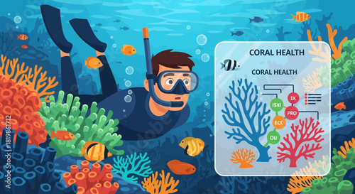 Illustration of coral reef biodiversity with diver and coral health infographic