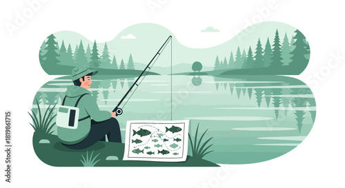 A peaceful lakeside fishing trip amidst a serene coniferous forest landscape