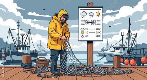 Cartoon portrayal of fisherman preparing net on pier with harbor backdrop