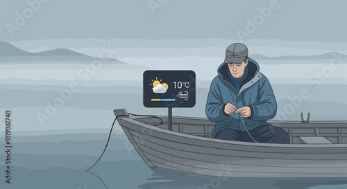 A lone knitter on a lake embarks on a tranquil journey amidst changing weather