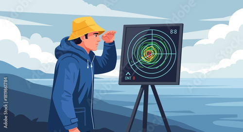 Modern depiction of radar detection with observer and target area on coastal waters