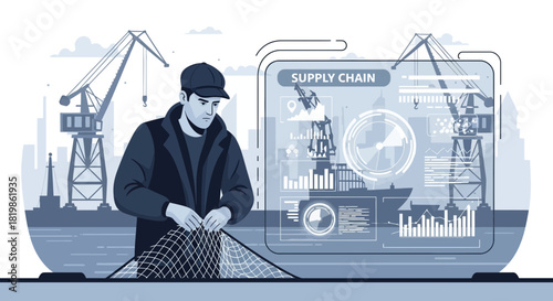 Maritime worker repairing fishing net depicted with technological supply chain interface