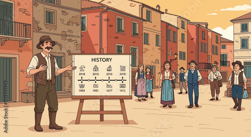 Historical guide explaining timeline to tourists in old town square illustration