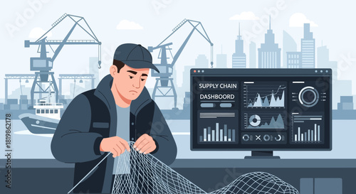 Fisherman repairs net in front of the computer and a harbor, monitoring supply chain