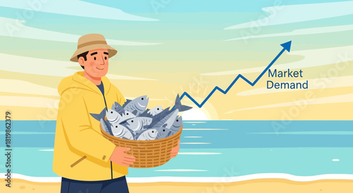 Cartoon illustration of fisherman with market demand graph against ocean backdrop