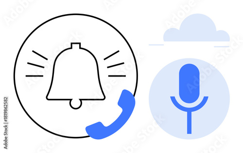 Notification bell emitting sound with a phone receiver, alongside a microphone and cloud symbol. Ideal for communication, alerts, calls, audio recording, messaging, customer service, reminders