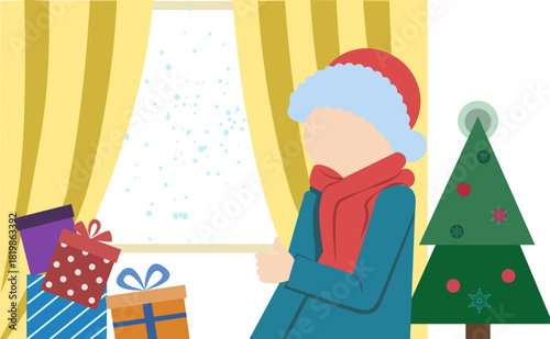Sitting at festive window, snow falls, geometric tree and patterned gifts — cozy vector for cards, ads, blogs
