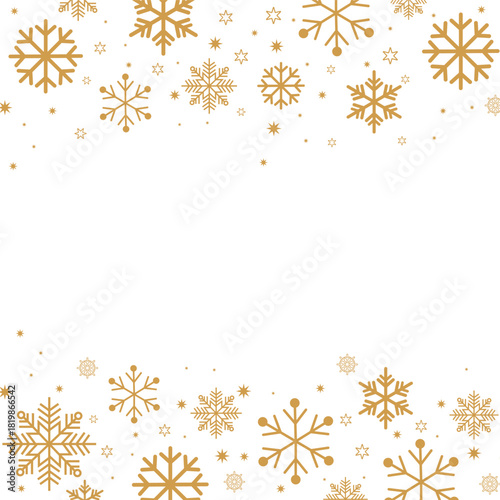 Square format background featuring gold/bronze colored snowflakes and stars forming top and bottom borders on a white backdrop. The central negative space is ideal for text, perfect for elegant winter