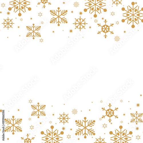 Square format background featuring gold/bronze colored snowflakes and stars forming top and bottom borders on a white backdrop. The central negative space is ideal for text, perfect for elegant winter