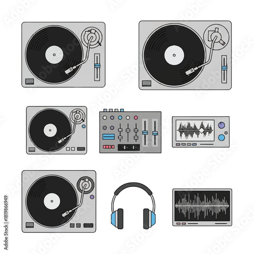 DJ Equipment Set Turntables Mixer Headphones and Audio Waveforms.