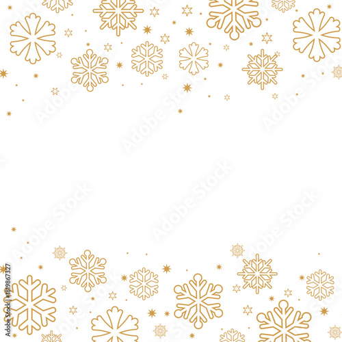 Square format background featuring gold/bronze colored snowflakes and stars forming top and bottom borders on a white backdrop. The central negative space is ideal for text, perfect for elegant winter