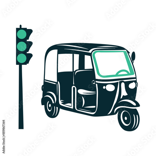 Teal and Navy Auto Rickshaw with Green Light Vector Icon Set of Various Transportation Vehicles