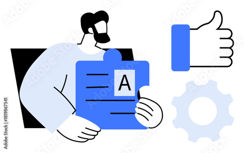 User feedback concept. User holding document for service evaluation and feedback. Feedback improves services and ensures quality improvement. Useful for customer reviews, quality control, corporate