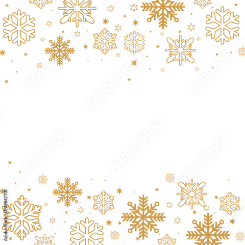 Square format background featuring gold/bronze colored snowflakes and stars forming top and bottom borders on a white backdrop. The central negative space is ideal for text, perfect for elegant winter