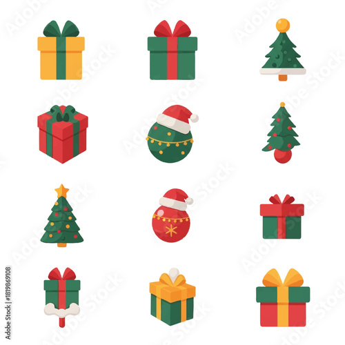 Festive Christmas Icons Gifts Trees and Holiday Cheer.