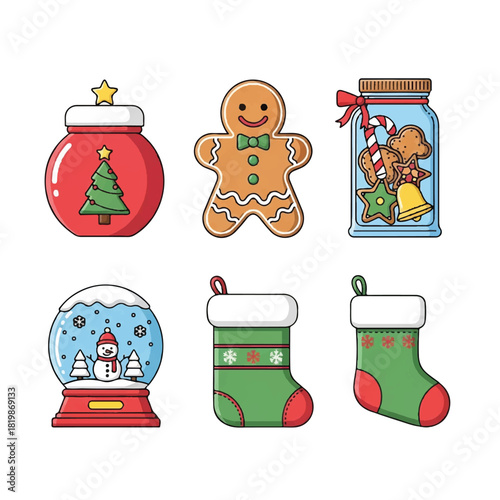 Festive Christmas Icons Gingerbread Man Snow Globe and Stockings.