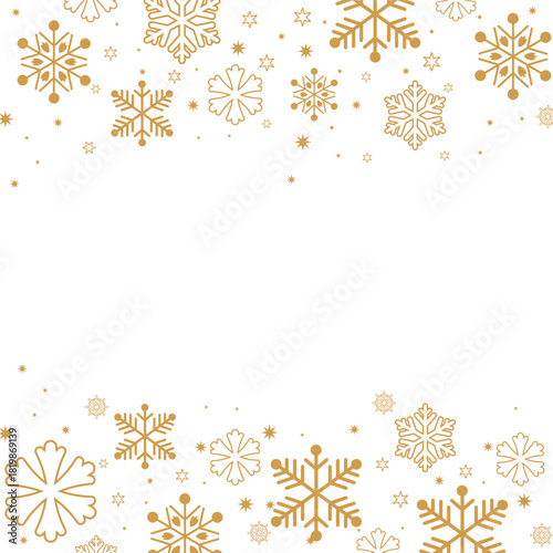 Square format background featuring gold/bronze colored snowflakes and stars forming top and bottom borders on a white backdrop. The central negative space is ideal for text, perfect for elegant winter