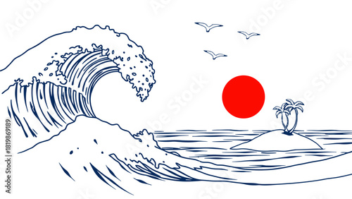 A blue line art drawing of a large ocean wave crashing, with a red sun, a small island with a palm tree, and birds flying in the sky.