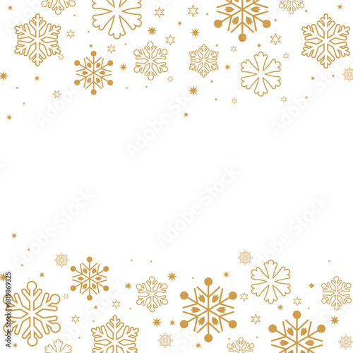 Square format background featuring gold/bronze colored snowflakes and stars forming top and bottom borders on a white backdrop. The central negative space is ideal for text, perfect for elegant winter