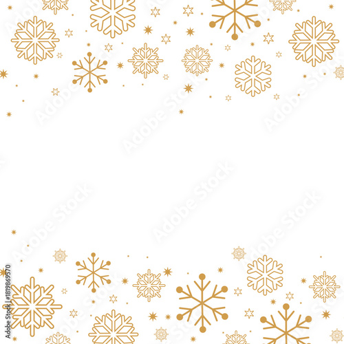 Square format background featuring gold/bronze colored snowflakes and stars forming top and bottom borders on a white backdrop. The central negative space is ideal for text, perfect for elegant winter