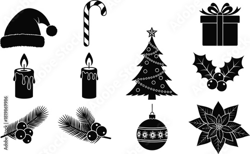 Christmas silhouette icons set, Santa hat, candy cane, gift box, candle, tree, holly, ornament, poinsettia, festive symbols