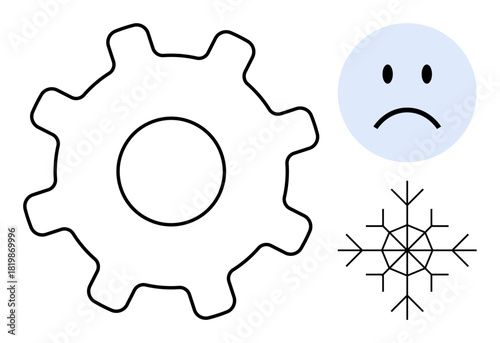 Abstract shapes. A gear, sad face, and snowflake depict concepts of mechanics, emotions, and winter. Gear for mechanical ideas, emotions for expressions and snowflakes for seasonal designs. Great