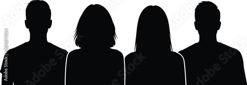 Silhouette of diverse group of four people, male and female, standing side by side, unity, anonymity, diversity, teamwork concept