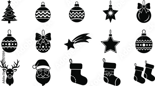 Black and White Christmas Holiday Icon Collection, Festive New Year's Decor Elements: Tree, Ornaments, Stars, Stockings, Santa Claus, Reindeer, and Comet Silhouette Vector Set