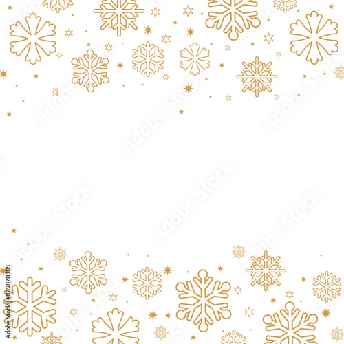 Square format background featuring gold/bronze colored snowflakes and stars forming top and bottom borders on a white backdrop. The central negative space is ideal for text, perfect for elegant winter