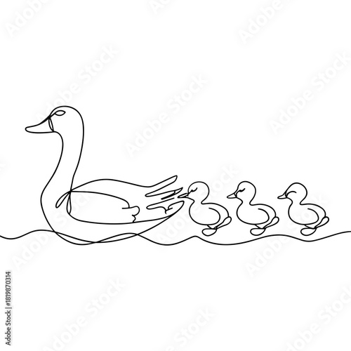 Mother duck swimming with her ducklings in a minimalist style  