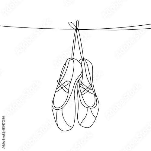 Ballet shoes hanging on a line in minimalist line art style  