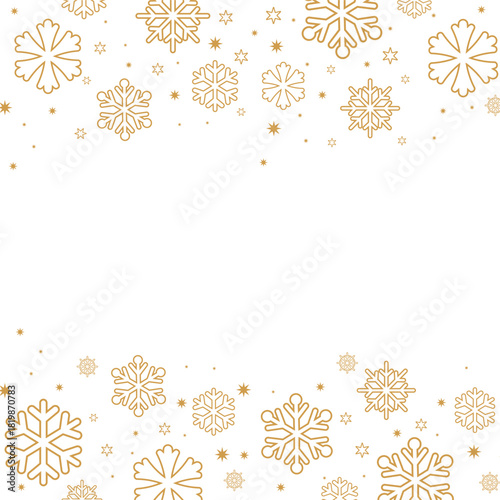 Square format background featuring gold/bronze colored snowflakes and stars forming top and bottom borders on a white backdrop. The central negative space is ideal for text, perfect for elegant winter