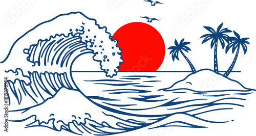 A stylized illustration of a large ocean wave crashing near a tropical island with palm trees under a bright red sun.