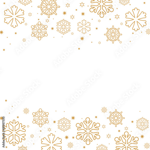 Square format background featuring gold/bronze colored snowflakes and stars forming top and bottom borders on a white backdrop. The central negative space is ideal for text, perfect for elegant winter