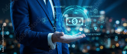 Fintech and Digital Currency Concept: A businessman holds a holographic interface with mobile wallet and crypto icons.