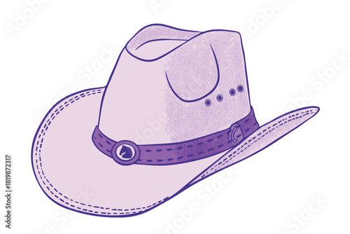 Women's purple cowboy hat with ribbon and medallion. Transparent background.