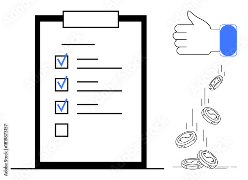 Checklist with checkmarks denoting task completion alongside a thumbs-up hand releasing coins. Ideal for productivity, success, financial gain, task management, incentives, rewards, goal-setting