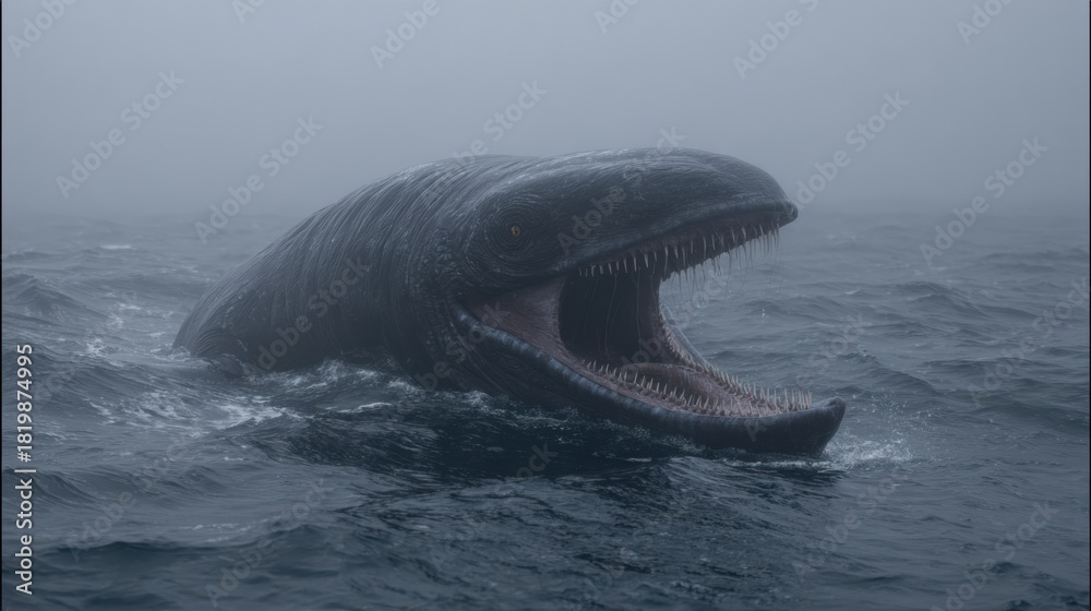 Fototapeta premium Deep-sea Creature Surfaces in Foggy Blue-Black Water, Revealing Sharp Teeth and a Menacing Gaze