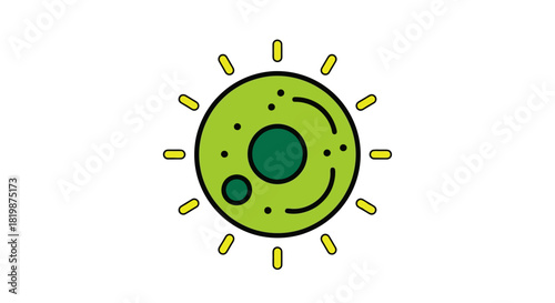 Abstract Green Circle with Yellow Rays, Symbolizing Life, Energy, or a Microbe