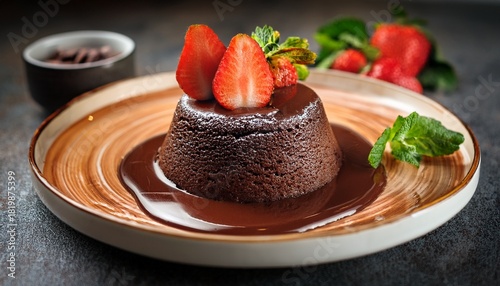 indulge in decadence a molten chocolate lava cake perfectly served with fresh strawberries awaits your sweet tooth