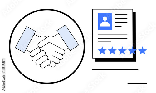 Handshake symbolizing agreement, user profile, and 5-star ratings indicating trust, collaboration, and feedback. Ideal for partnerships, business, hiring, trust reputation networking evaluation