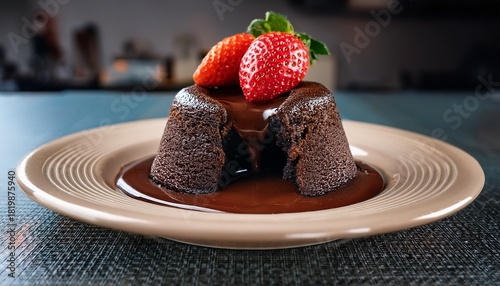 indulge in decadence warm chocolate lava cake with a melted center and fresh strawberry garnish