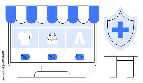 Computer screen with storefront awning, product listings, shopping carts, and security shield. Ideal for e-commerce, cybersecurity, online retail, digital shopping, safety data protection simple