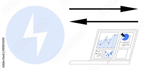Lightning bolt symbol next to a laptop displaying graphs, pie chart, and analytics. Arrows indicate energy or data flow. Ideal for technology, efficiency, sustainability, analytics, communication