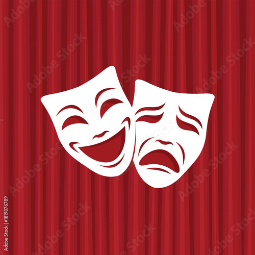 icon of comedy and tragedy theatrical masks with red curtains
