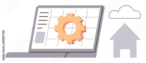 Laptop screen with gear icon over a grid, nearby cloud and house symbols. Ideal for technology, remote access, system integration, cloud computing, work from home, business management