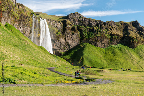Seljalandsfoss waterfall, a landmark in southern Iceland, seen from the footpath