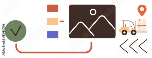 Organized workflow with checklist, image gallery, location pin, and forklift moving goods. Ideal for supply chain, delivery, transportation, warehouse planning, inventory ecommerce business flow